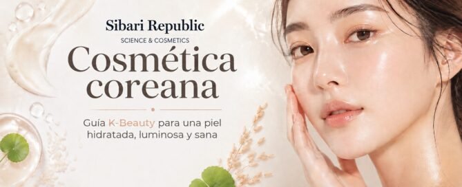 Banner de cosmética coreana con una modelo de piel luminosa y el texto “Guía K-Beauty para una piel hidratada, luminosa y sana