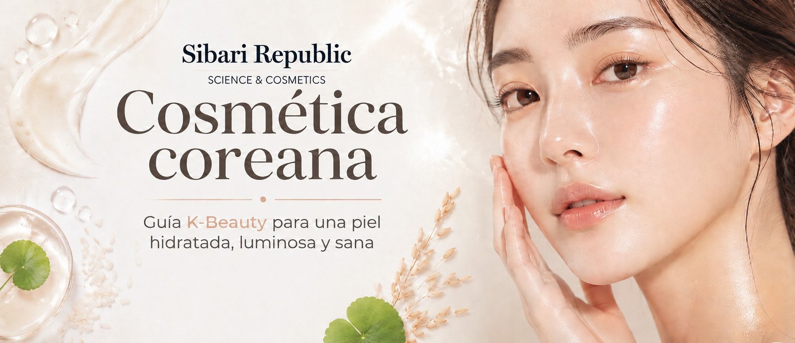 Banner de cosmética coreana con una modelo de piel luminosa y el texto “Guía K-Beauty para una piel hidratada, luminosa y sana