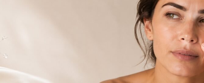 Mujer aplicando tratamiento facial en la zona de los surcos nasogenianos para mejorar la firmeza y reducir líneas de expresión.